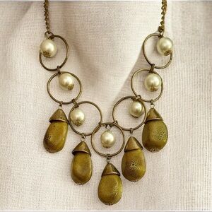 Vintage Artisan Necklace Brass Rings Speckled Stone Drops Faux Pearl Statement
